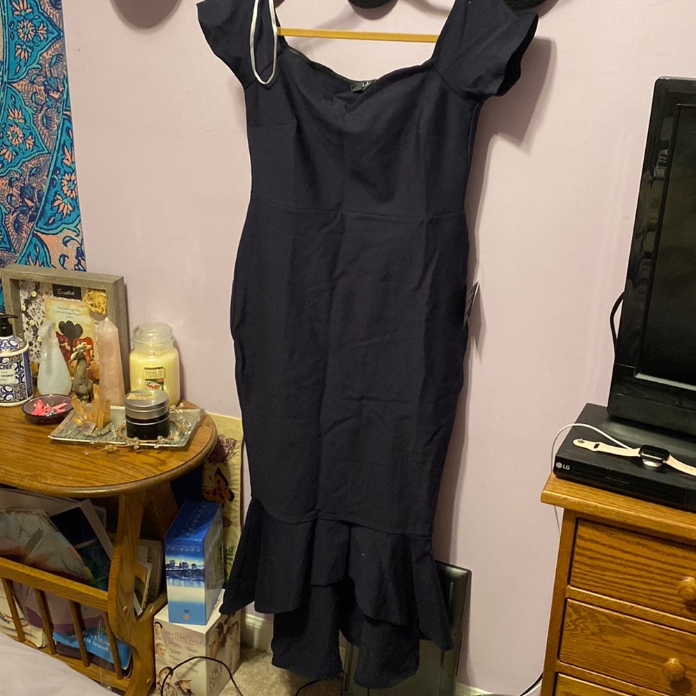 Midnight Blue Off the Shoulder Midi Dress, Lulus Size Large.